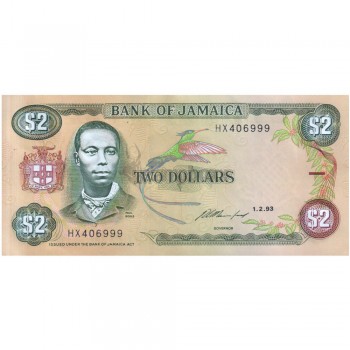 JAMAICA 2 DOLLARS 1993 P-69e UNC