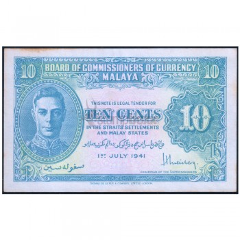 MALAYA 10 CENTS 1941 P-8 XF GRADE UNI-FACE