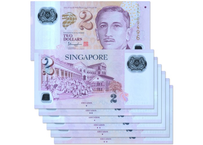 SINGAPORE 2 DOLLARS 2006-22 SET OF 6 UNC POLYMERS