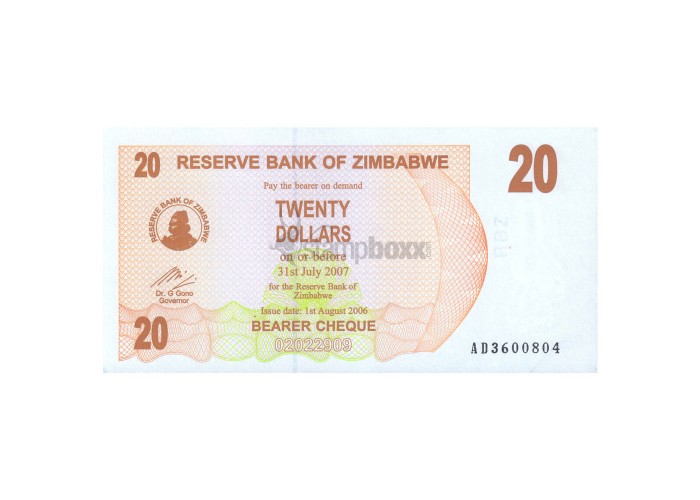 ZIMBABWE 20 DOLLARS 2006 P-40 aUNC