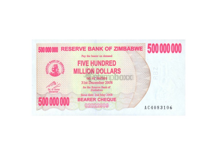 ZIMBABWE 500 0000 000 DOLLARS 2008 P-60 UNC