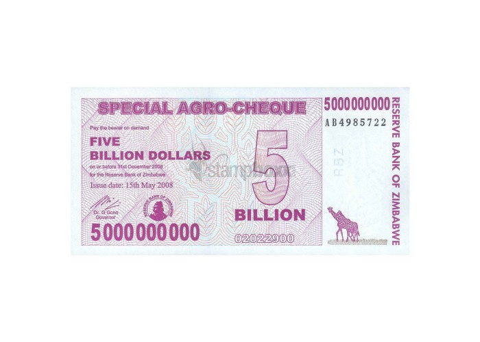 5 billion UNC P-61 2008 Zimbabwe 5,000,000,000