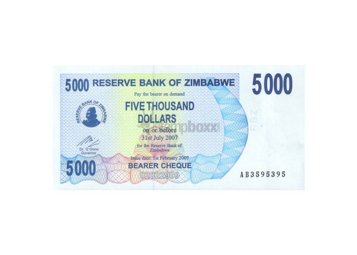 ZIMBABWE 5000 DOLLARS 2007 P-45 UNC