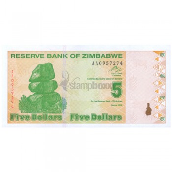 ZIMBABWE 5 DOLLARS 2009 P-93 UNC