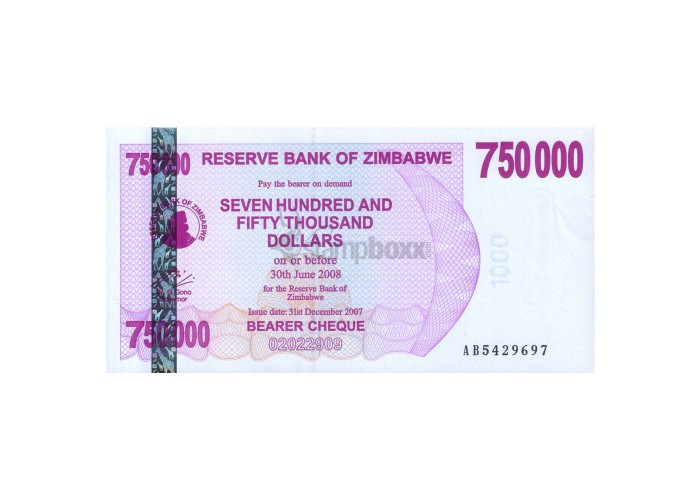 ZIMBABWE 750000 DOLLARS 2008 P-52 UNC