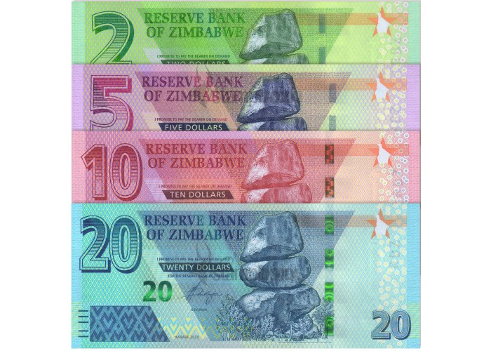 ZIMBABWE 2-5-10-20 DOLLARS 2020 P-NEW UNC